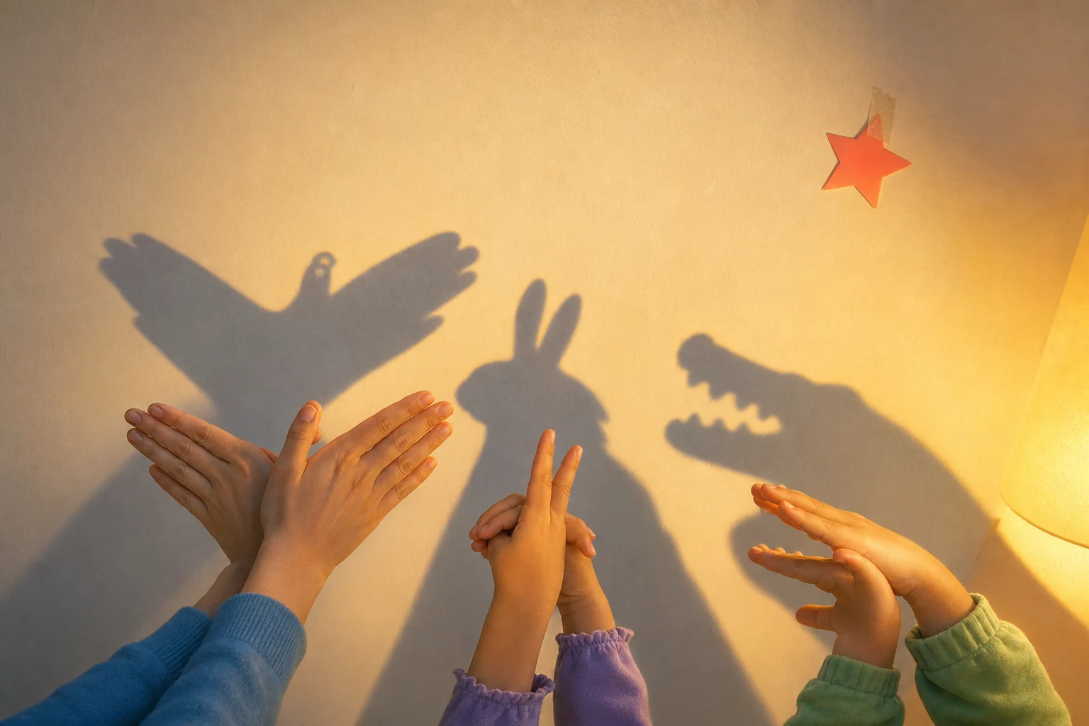 A caregiver and two children make bird, rabbit, and crocodile shadows together in warm lamplight.
