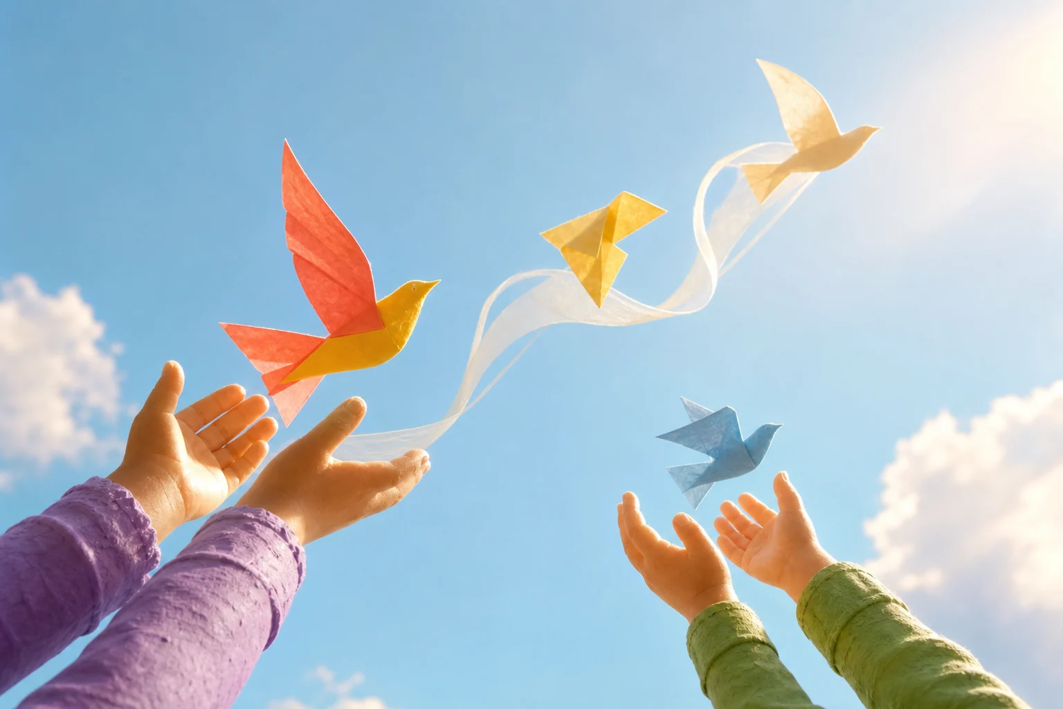 Two pairs of children’s hands release colorful folded paper birds into a bright blue sky.