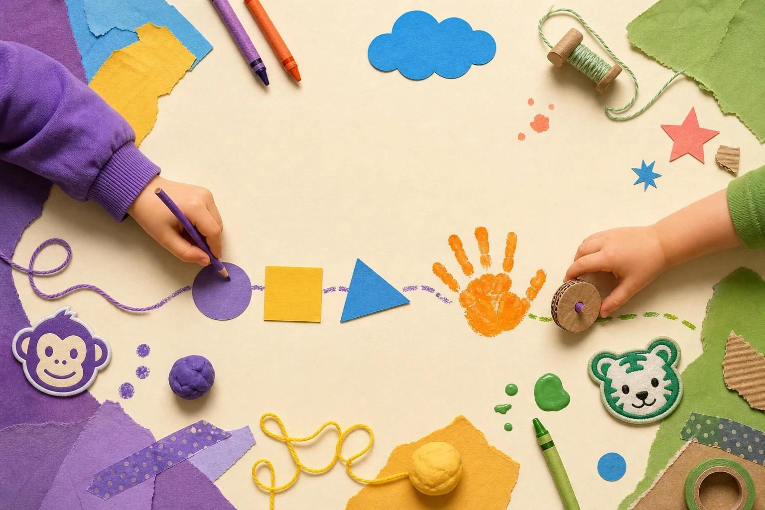 Lucia’s purple-sleeved hand plans a careful paper path while Rayna’s green-sleeved hand adds a bright handprint and rolls a cardboard wheel.