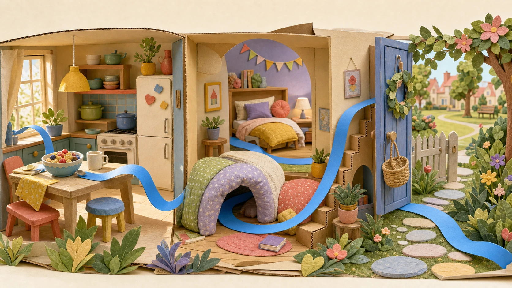 A handmade paper world connects a sunny kitchen, pillow tunnel, bedroom, open front door, garden, and neighborhood park with one blue ribbon path.