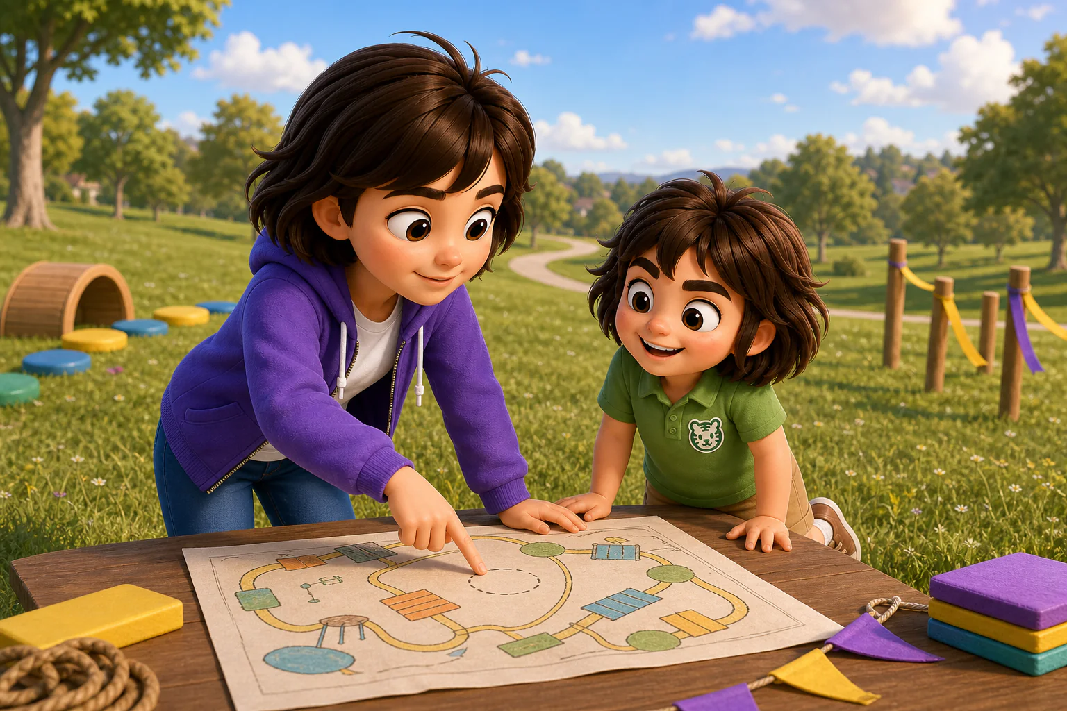 Lucia points to a missing landing spot on an obstacle-course map while Rayna follows the plan at a sunny park table.