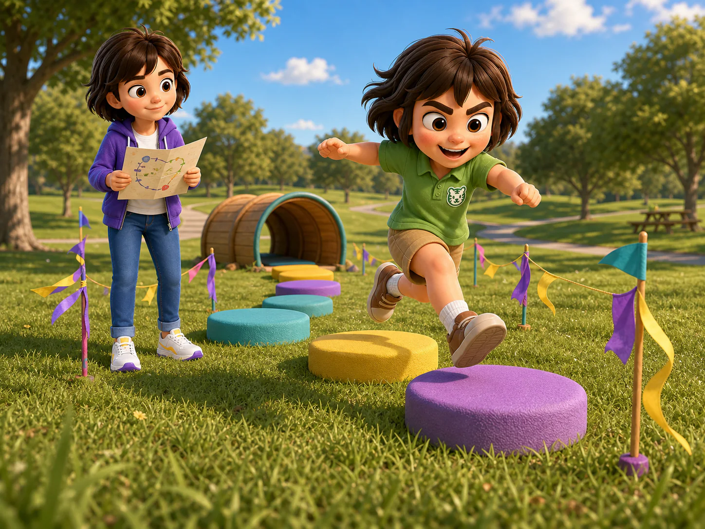 Rayna leaps between colorful park stepping pads while Lucia watches the difficult turn with their route map.