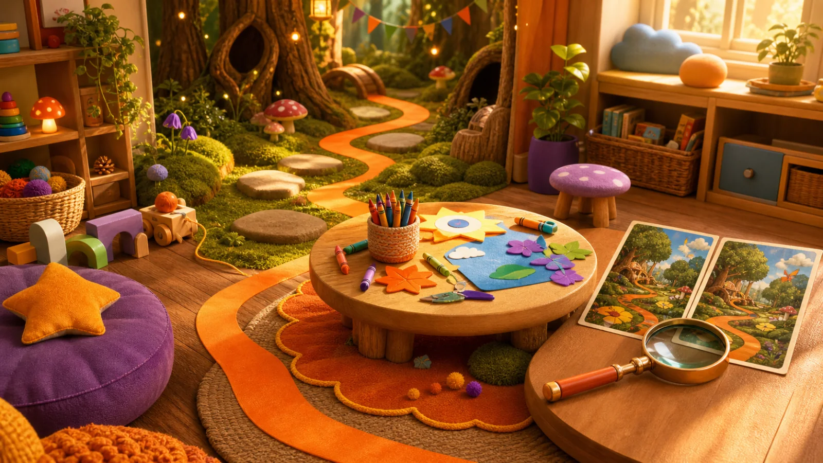 A warm magical playroom with a forest stepping-stone trail, an art table with crayons, and two pictures beside a magnifying glass