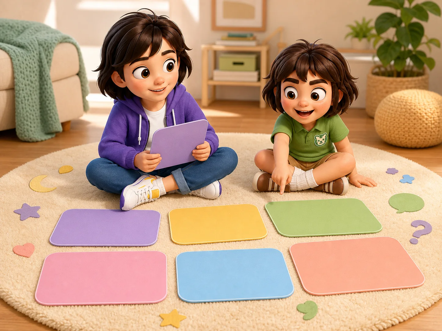 Lucia and Rayna arrange six colorful blank conversation cards on a cream rug.