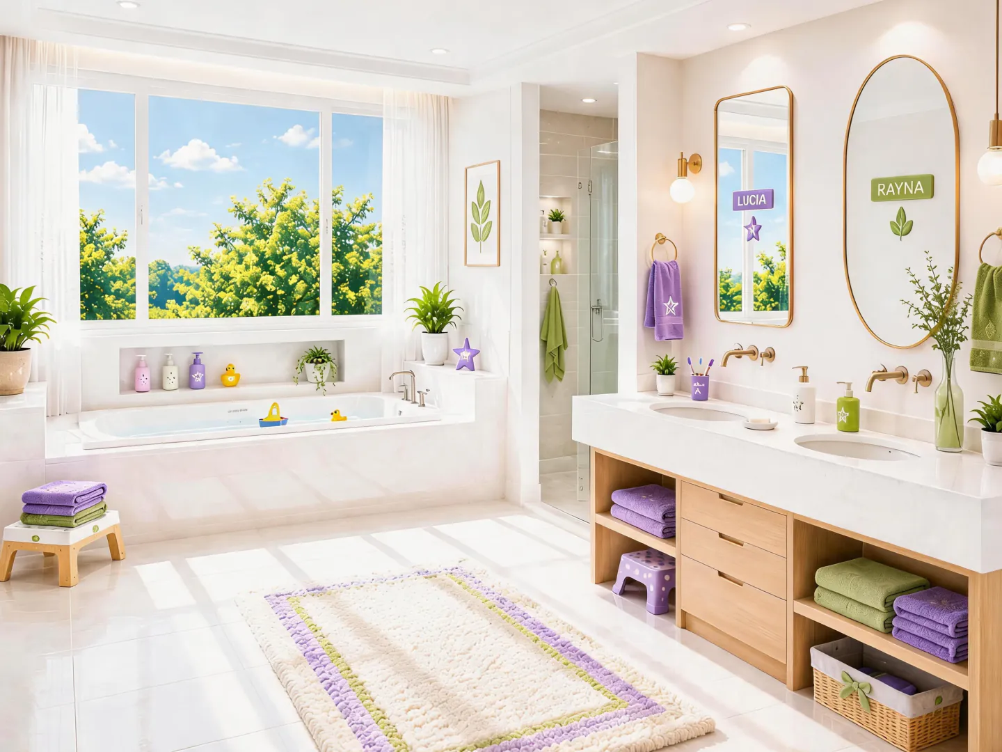 The bright family bathroom with colorful towels, bath toys, and matching spaces for both sisters