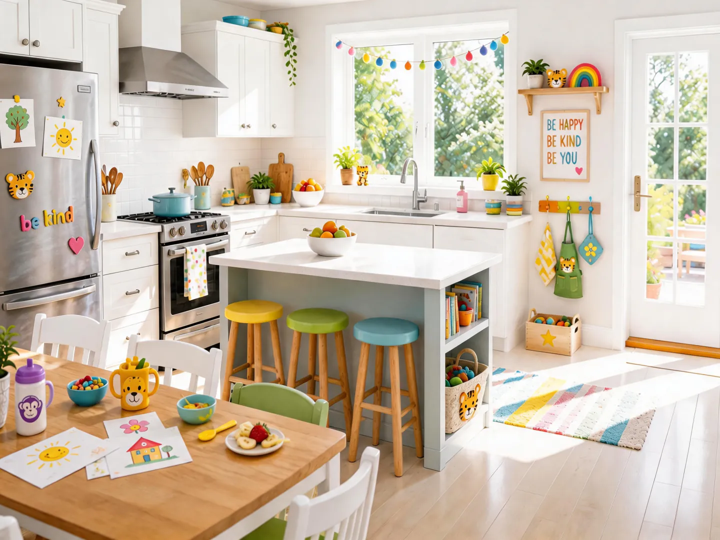 The sunny family kitchen with drawings, snacks, and child-sized stools