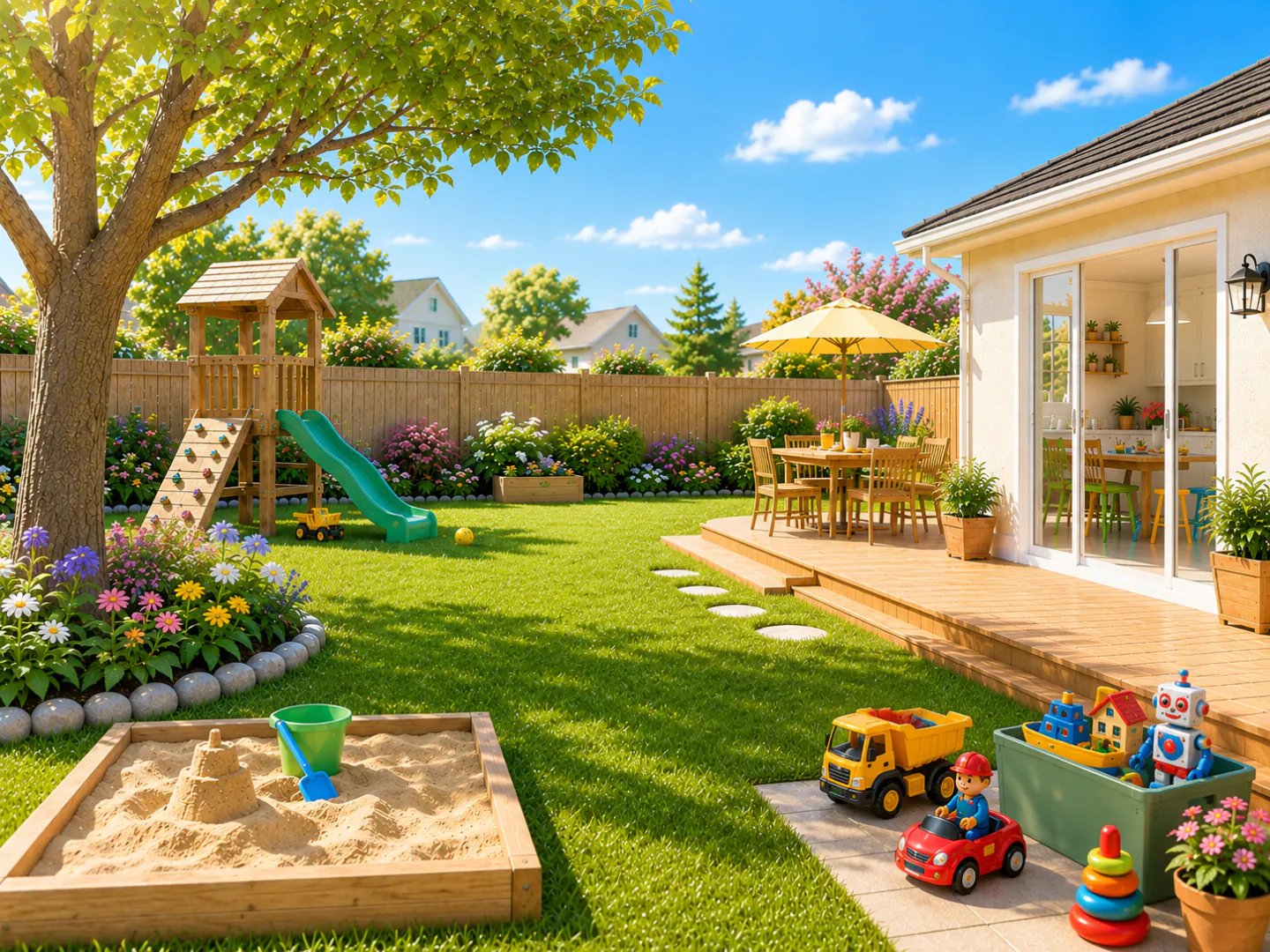 The family backyard with a play structure, sandbox, toys, flowers, and a picnic table