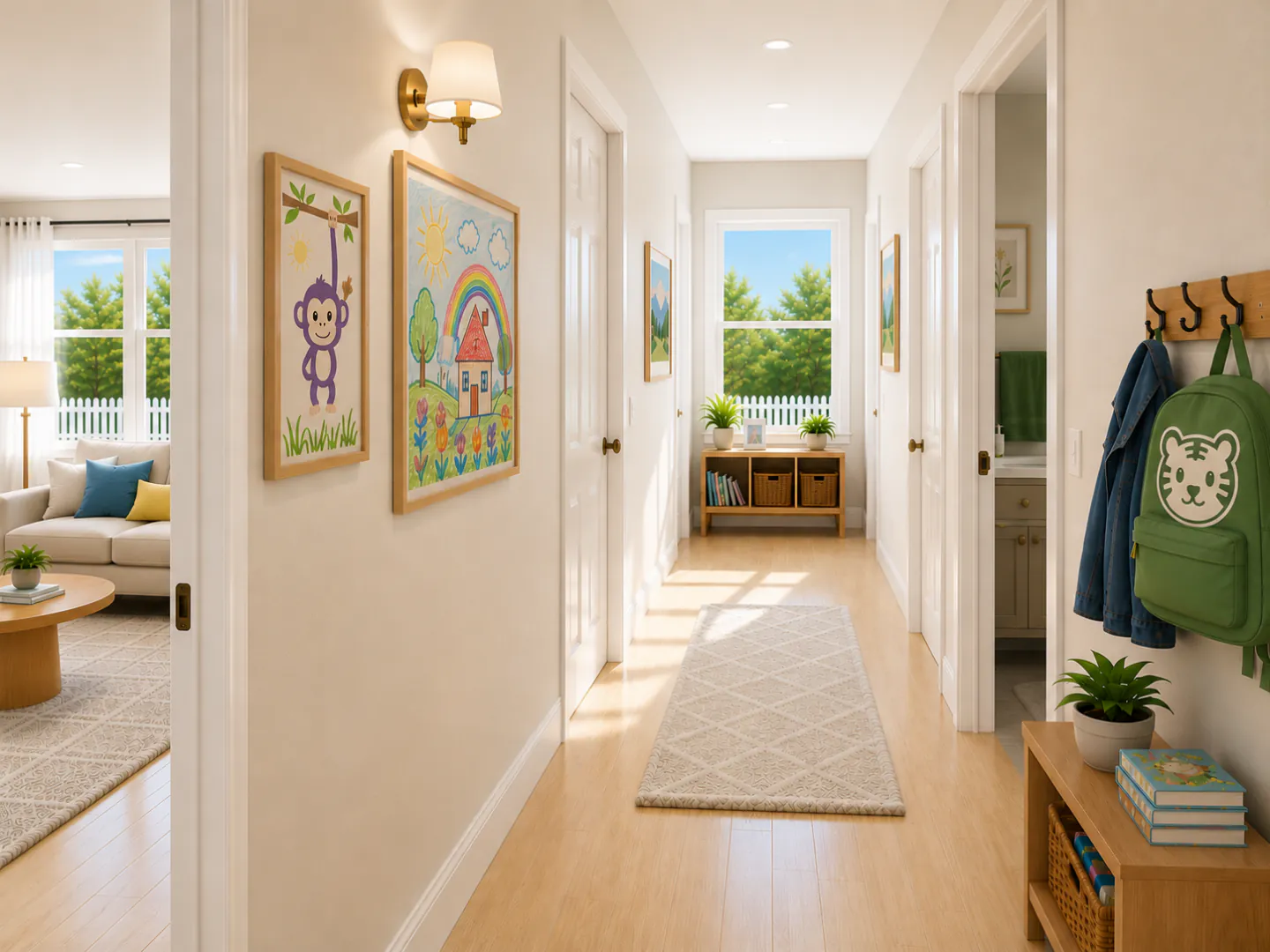 The hallway between the sisters' rooms in daylight