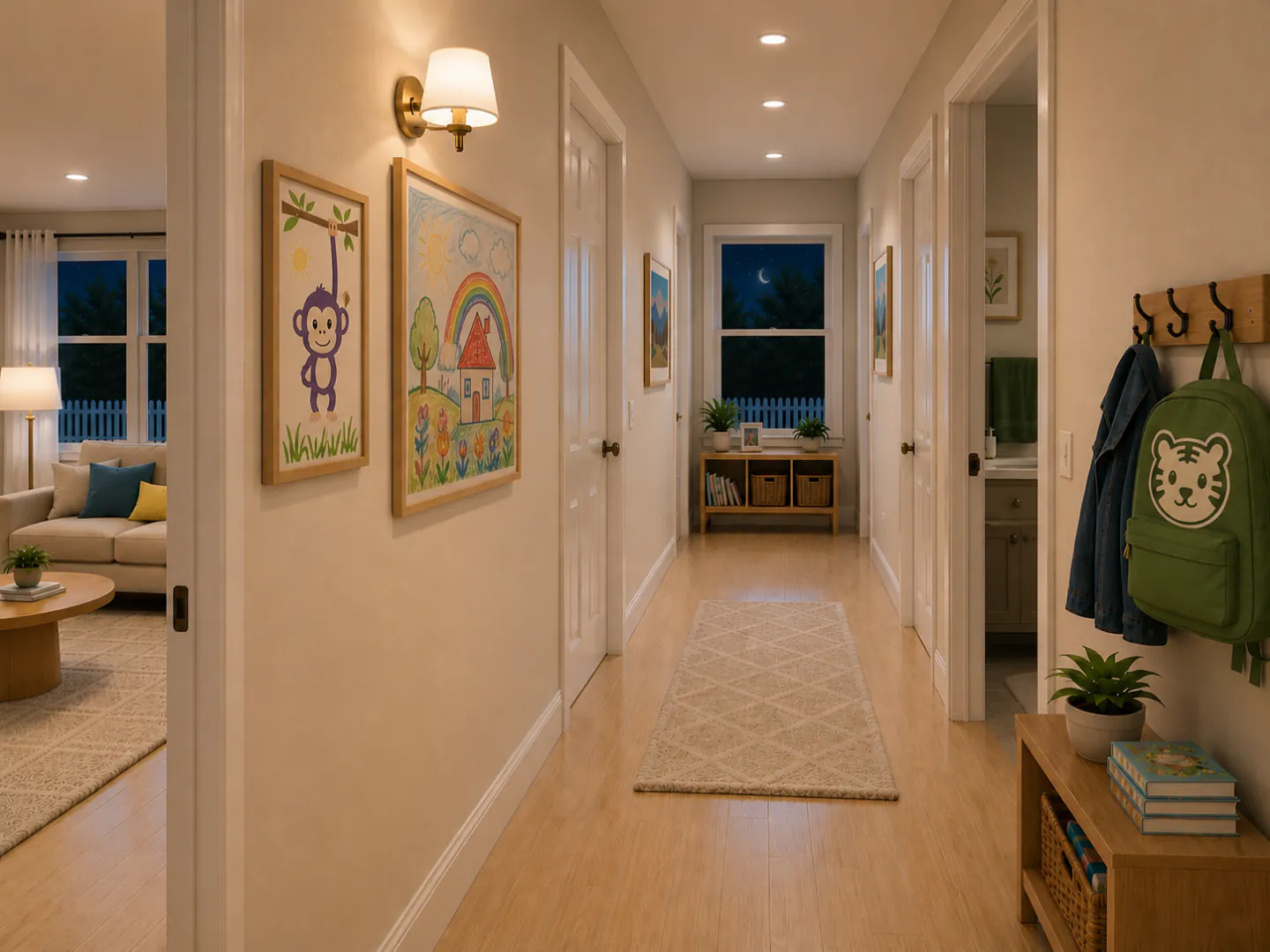The hallway between the sisters' rooms at night with warm lamps glowing