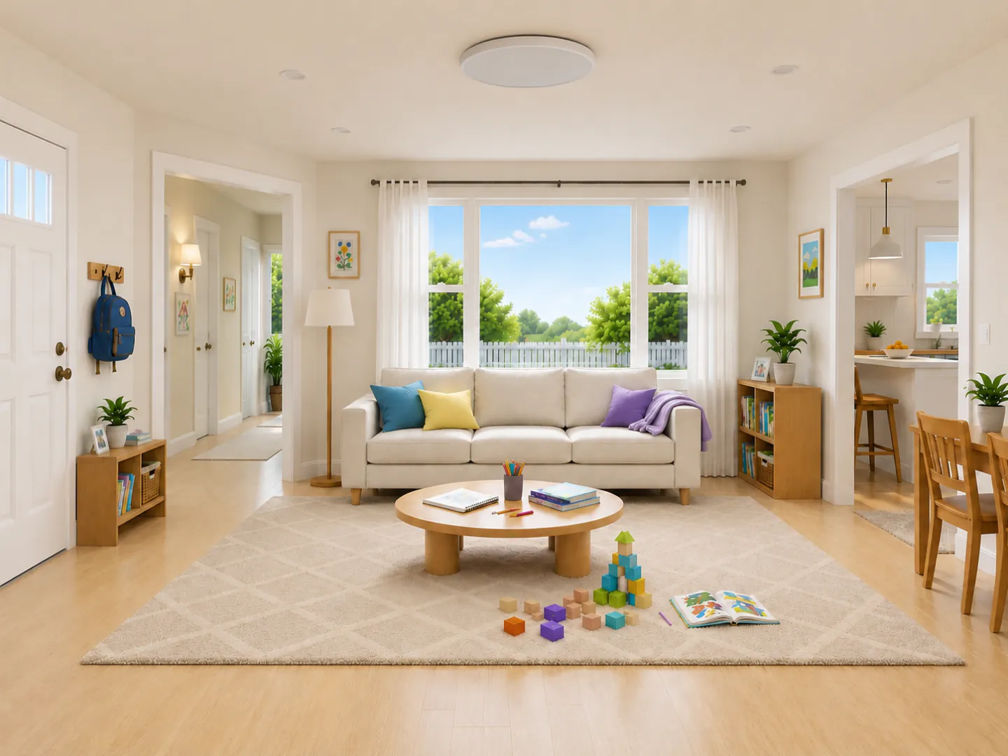 The family living room filled with daylight, books, cushions, and toys