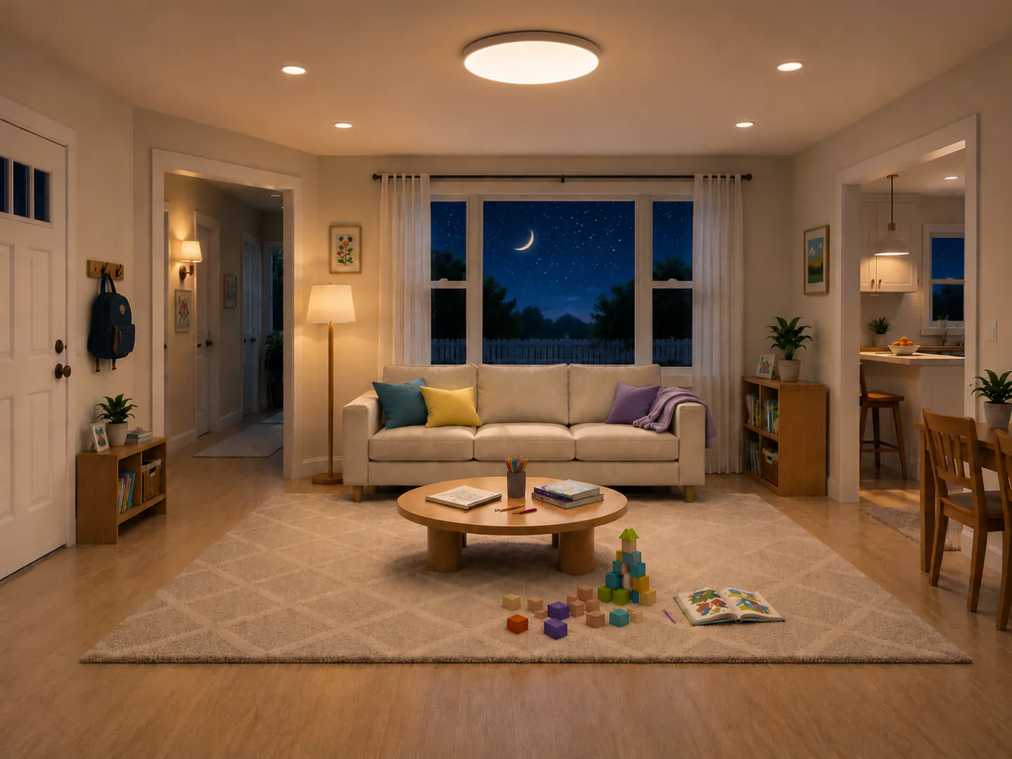 The same family living room at night with warm lamps and a crescent moon outside