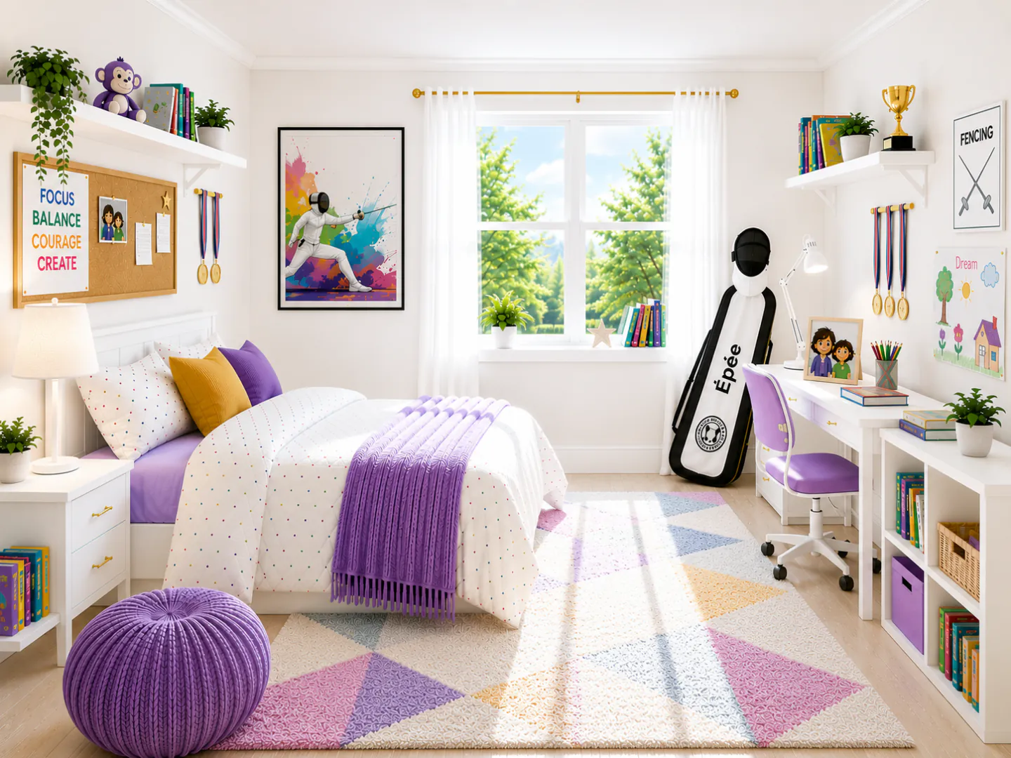 Lucia's purple-accented bedroom with a fencing bag, books, medals, and neatly arranged keepsakes