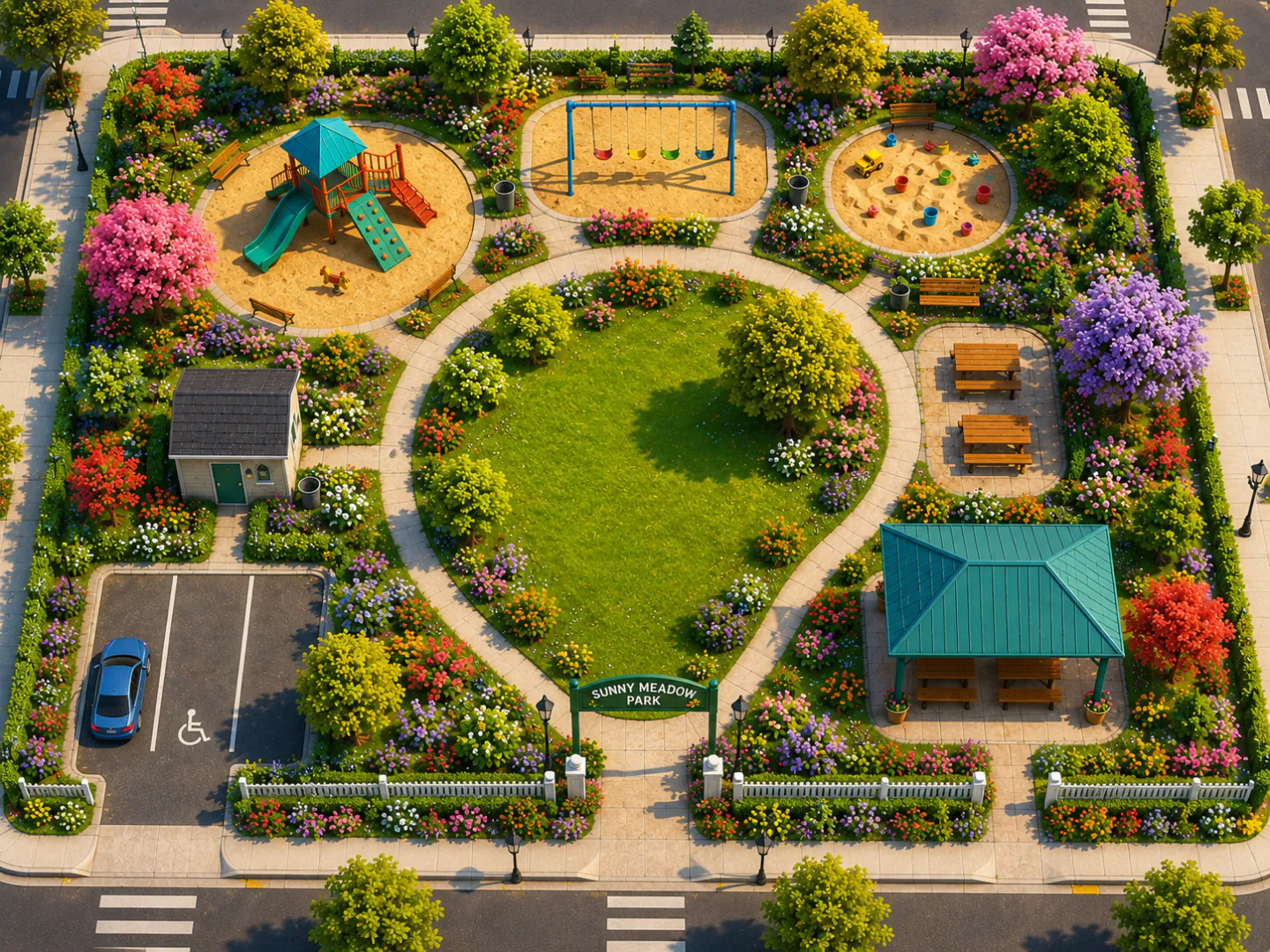 Aerial map-like view of Sunny Meadow Park with a playground, swings, paths, lawn, and picnic shelter