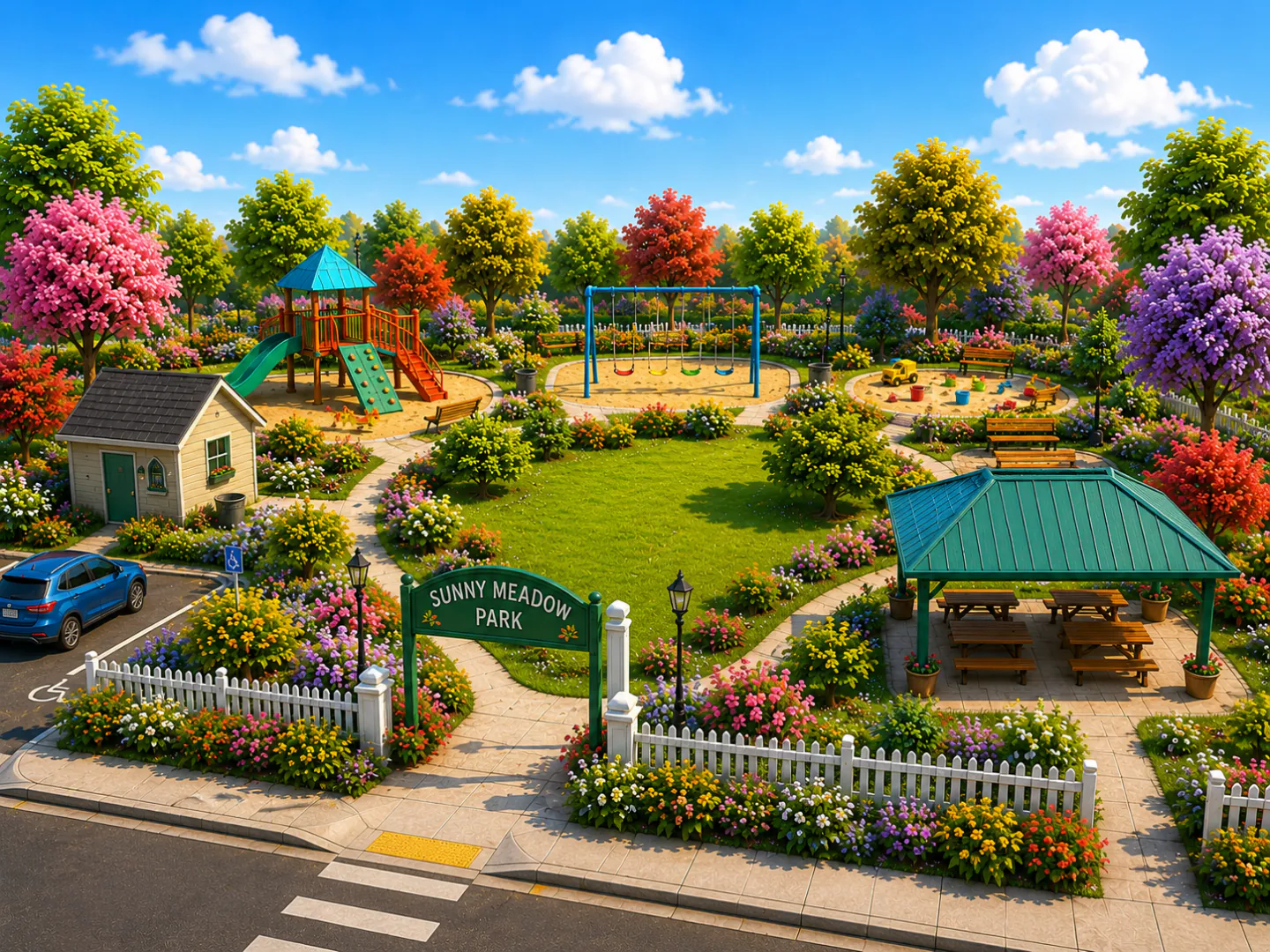Sunny Meadow Park seen from its neighborhood entrance, with the lawn and play areas beyond
