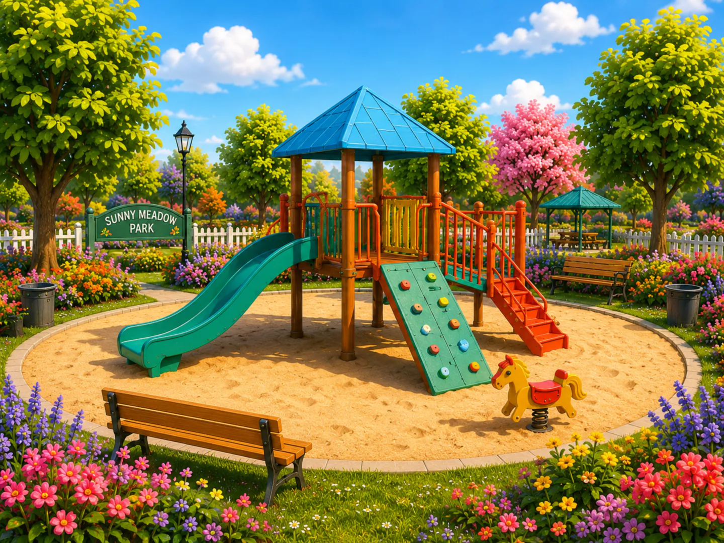 The colorful Sunny Meadow Park play structure surrounded by trees and flowers