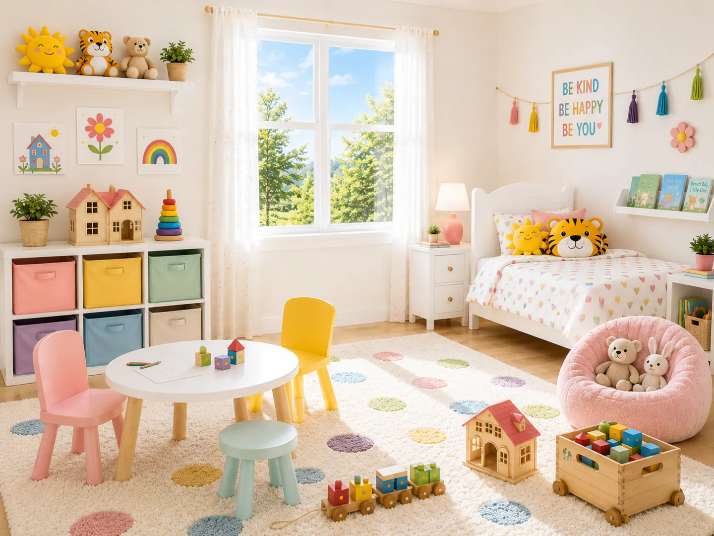 Rayna's colorful bedroom with toys, drawings, a play table, and a tiger pillow