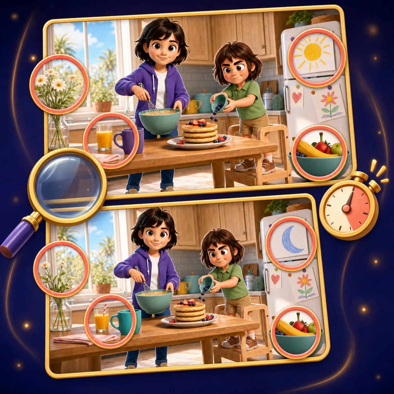 Two matching Lucia and Rayna kitchen pictures stacked for comparison, with circled changes, a magnifying glass, and a timer