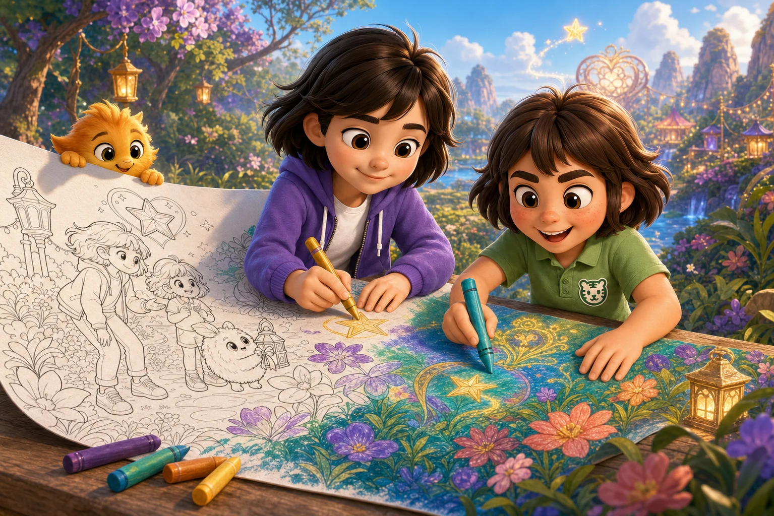 Lucia and Rayna color a giant Forest Valley picture together as the line art blooms into a vivid garden