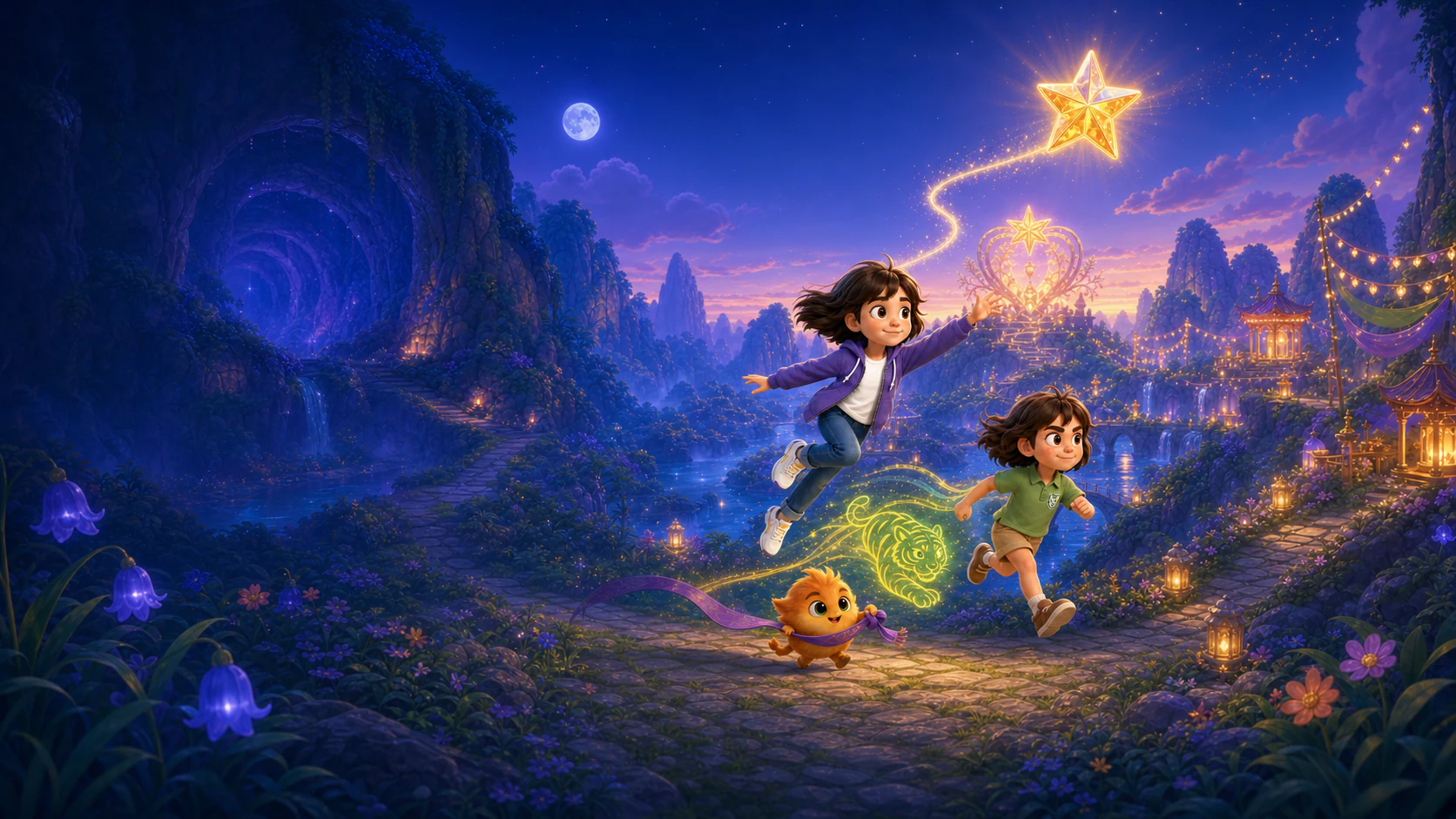 Lucia double-jumps while Rayna dashes beside Nilo through a lantern-lit Forest Valley